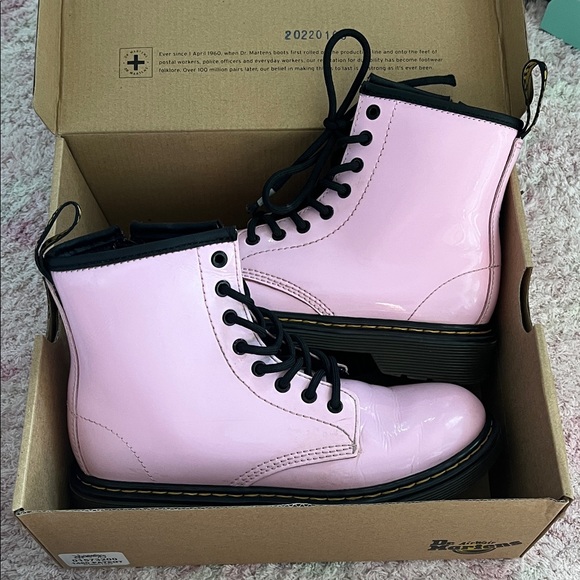 Dr. Martens Girls Glossy Pink Combat Boots - Picture 1 of 7